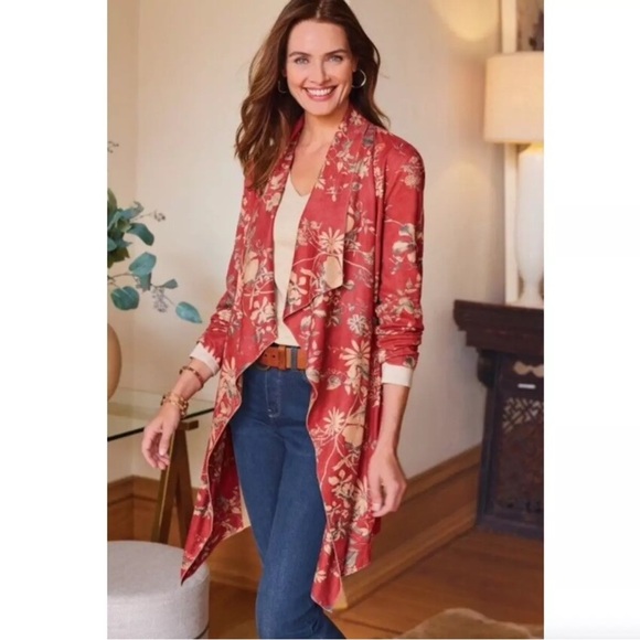 Soft Surroundings Red Floral Cardigan SZ M - Picture 6 of 6